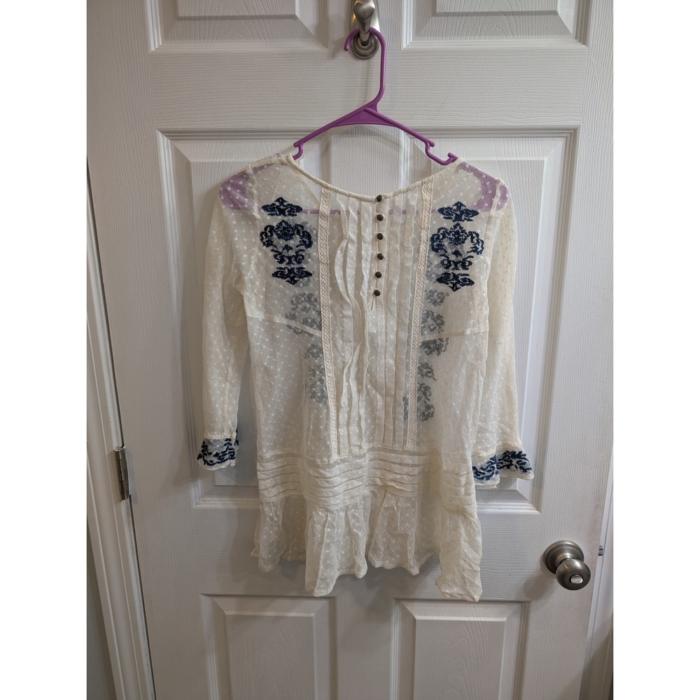 Free People Embroidered Lace Tunic Top‎ Ivory Sheer Boho Festival - Size XS
